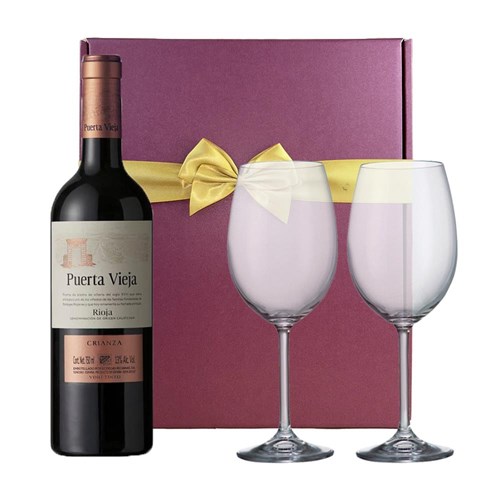 Puerta Vieja Crianza Seleccion 75cl Red Wine And Bohemia Glasses In A Gift Box